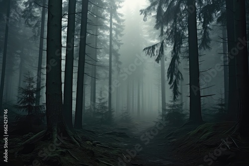 Spooky Forest Shrouded In Fog
