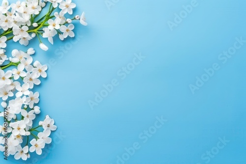 Spring Flower Frame With Copy Space On Blue Background In Flat Lay Mockup