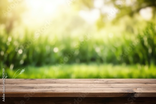 Spring Natural Background Featuring Green, Fresh, And Juicy Young Grass And Empty Wooden Table In Outdoor Morning Setting, Enhanced By Bokeh And Sunlight