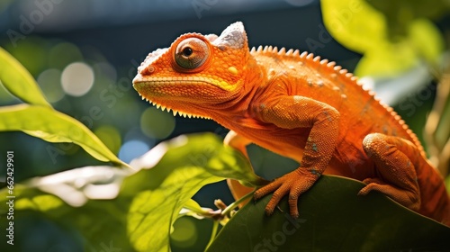 orange chameleon  fictious species  sitting on a branch in a tropical jungle