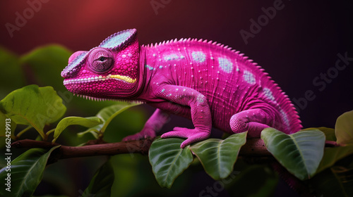 pink chameleon (fictious species) sitting on a branch in a tropical jungle