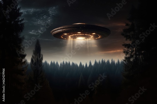 Ufo Spotted In The Night Sky Above Earth With Trees And Forest