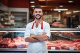 Young smiling man butcher standing at the meat counter 