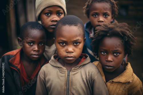Poor African children group potrait. Looking into camera. Generative AI © marcin jucha