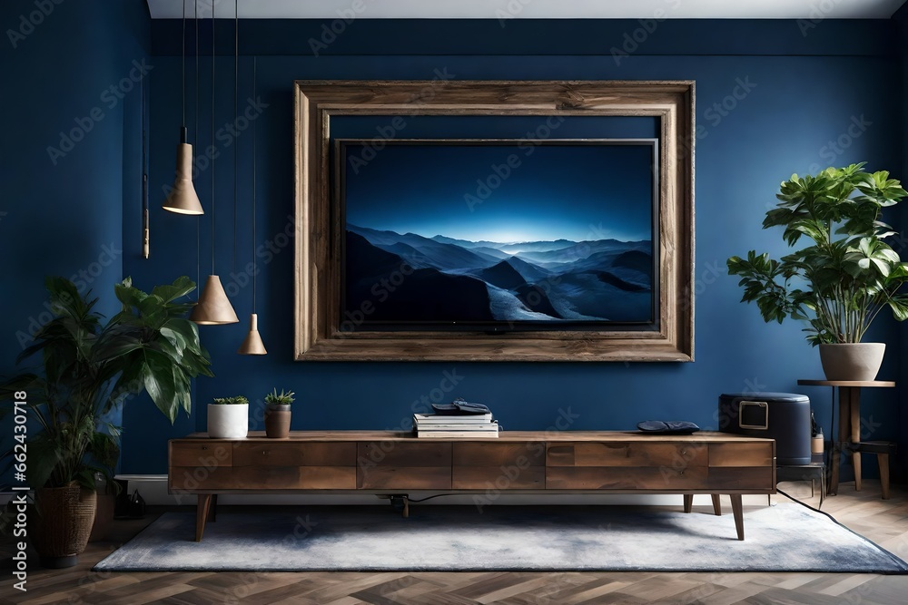 Fototapeta premium A modern TV room with dark blue walls and a Canvas Frame for a mockup positioned perfectly between two wall-mounted ambient lights.