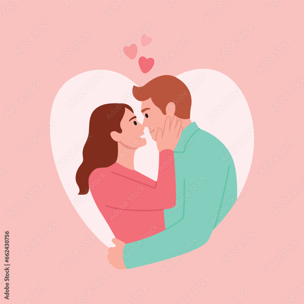 Vector illustration of a happy couple in love. Cartoon scene with a smiling handsome guy and beautiful girl with wavy hair hugging and looking at each other and hearts around on light pink background. Vector illustration of a happy couple in love. Cartoon scene with a smiling handsome guy and beautiful girl with wavy hair hugging and looking at each other and hearts around on light pink background.