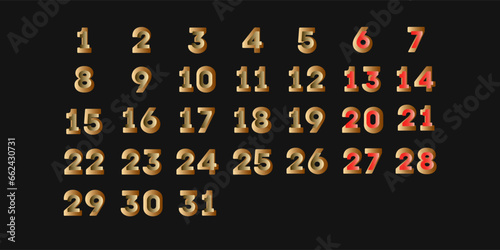 Golden Calendar Numbers Monthly Days Digits Dates Gradient Layout Collection Isolated On Black Background Vector Design Eps 10 