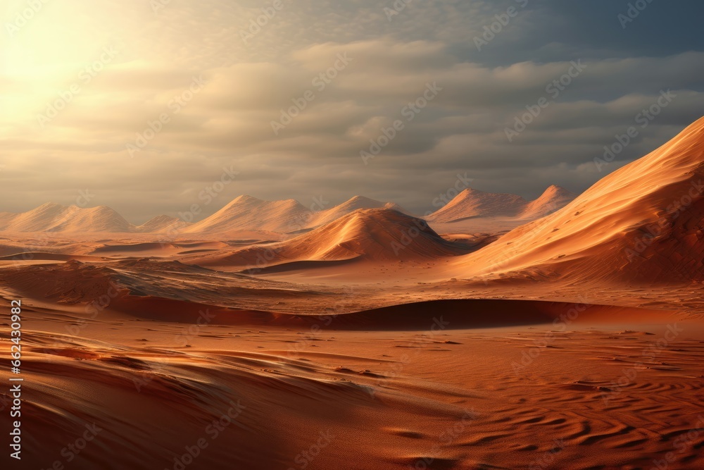 Naklejka premium Dunes of fine, iridescent dust shimmer across uncharted terrains.