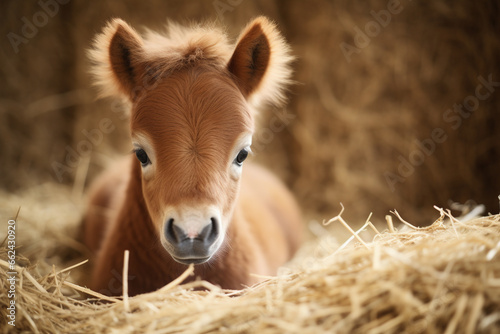 Baby horse laying down on straw in barn. Cute baby animal. Generative AI