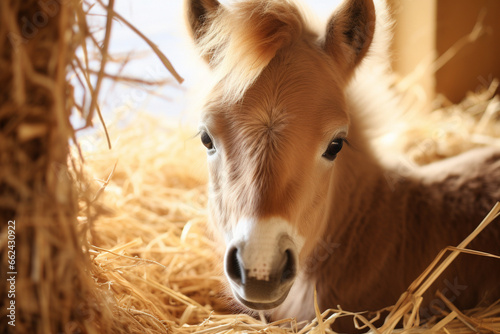 Baby horse laying down on straw in barn. Cute baby animal. Generative AI © marcin jucha