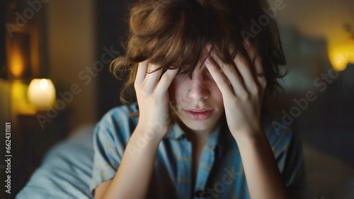 Close-up of a 13-year-old boy with curly hair sitting on his bed at home  clutching his head with his hands  in emotional or physical pain. Generative AI