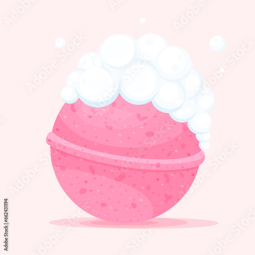 Bath bomb with white soap bubbles on white background. Pink cartoon bath bomb isolated on white background