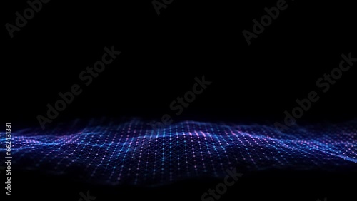Abstract wave with blue light on black background. Science background with moving dots. Network connection technology. Digital structure with particles. 3d rendering.