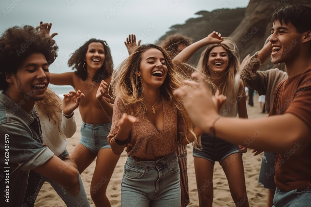Happy diverse friends taking selfie on beach