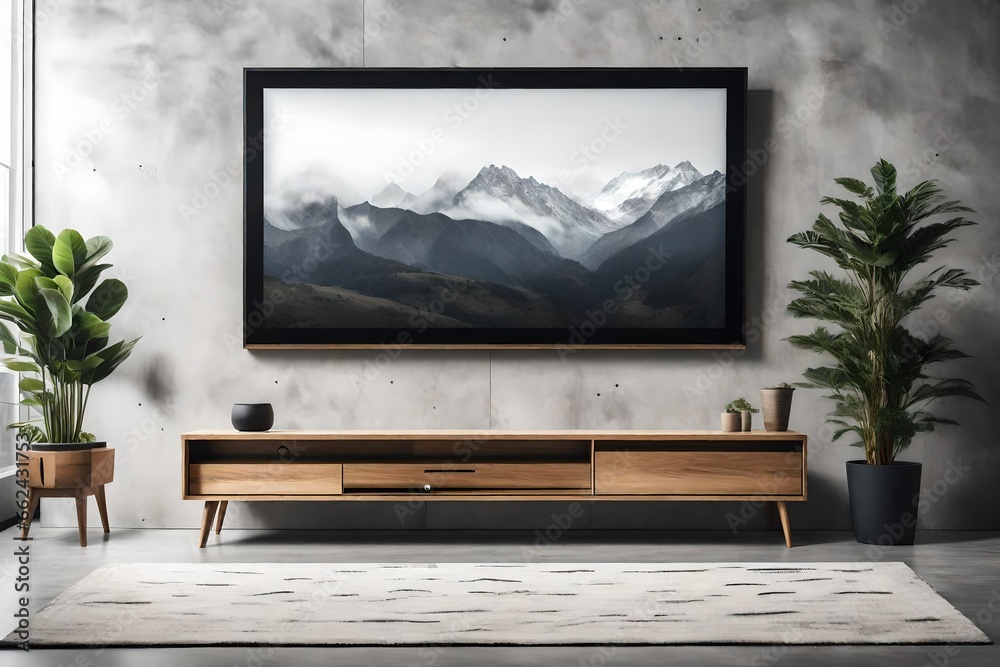 A Canvas Frame for a mockup hanging on a textured concrete wall in a modern TV room. Below, a Scandinavian-style wooden TV stand carries a slim OLED television, with potted indoor plants - obrazy, fototapety, plakaty 