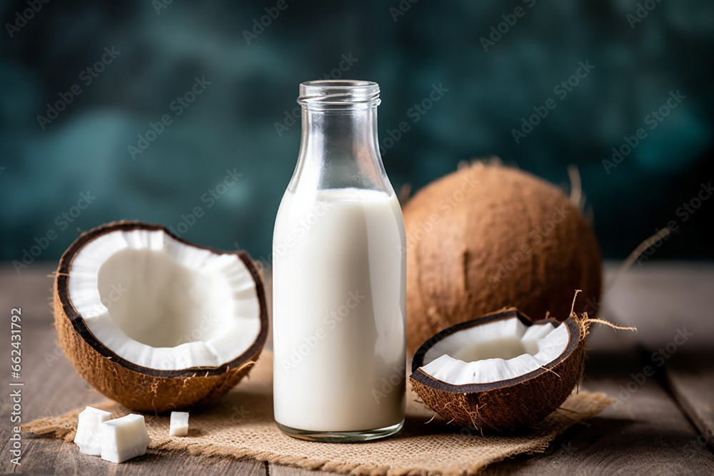 Non dairy vegan plant based milk in bottle and ingredients. Generative AI Non dairy vegan plant based milk in bottle and ingredients. Generative AI