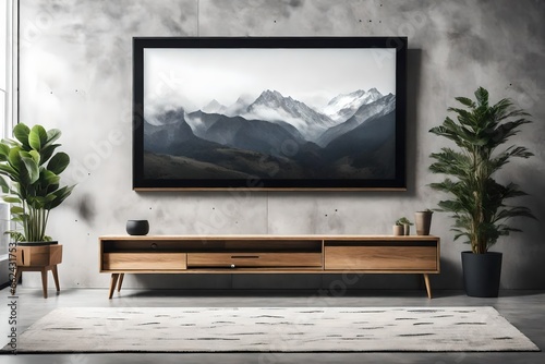 A Canvas Frame for a mockup hanging on a textured concrete wall in a modern TV room. Below, a Scandinavian-style wooden TV stand carries a slim OLED television, with potted indoor plants
