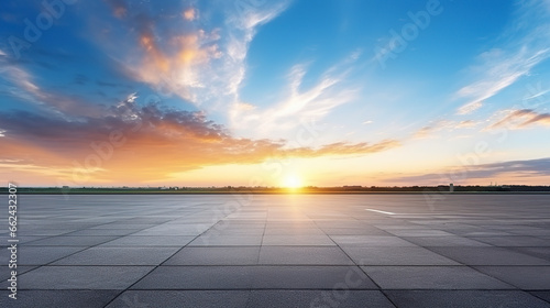 An illustration of empty asphalt road at sunset in panoramic view. Empty asphalt road in beautiful sky at golden time of day. © Vagner Castro