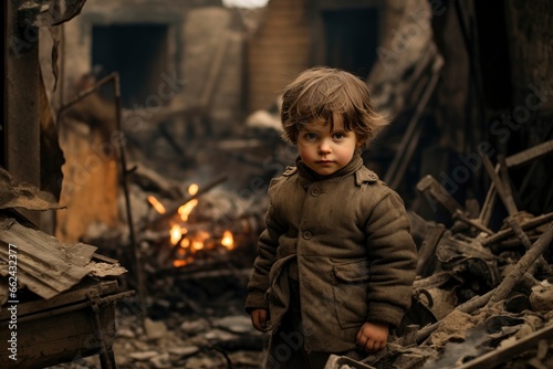 A young child amidst the destruction and aftermath of war created with Generative AI technology