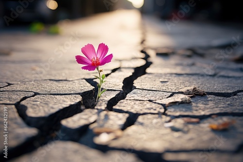 A resilient pink flower blooming in the midst of destruction created with Generative AI technology