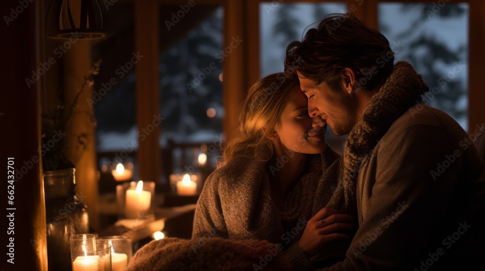 Couple embracing surrounded by candles, cozy winter setting, dimmed candle light