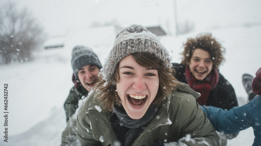 photo of friends having a friendly chase, winter landscape, snowball fight, snow, game