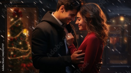 young couple embracing during a snowfall on a Christmas background