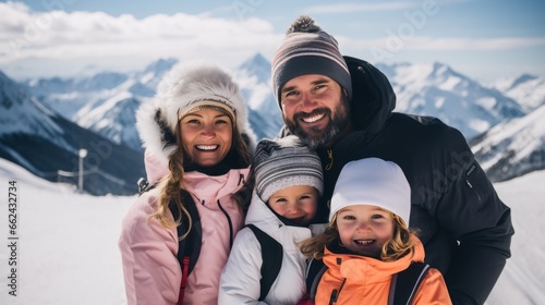 a family with two children in the background of a winter mountain landscape