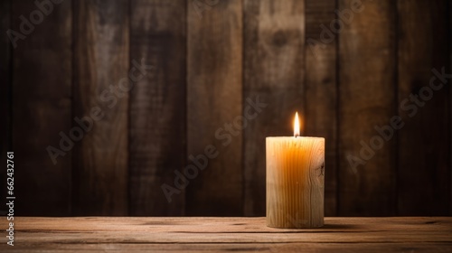 burning candle against a wall of wooden planks
