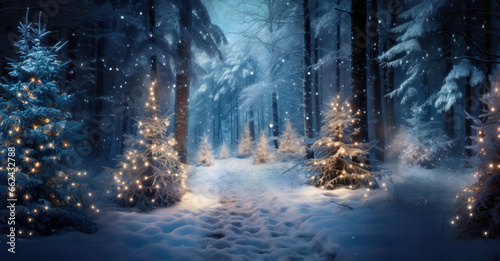 A magical winter forest with multiple Christmas trees decorated with lights, against a backdrop of snow covered trees and a snowy path