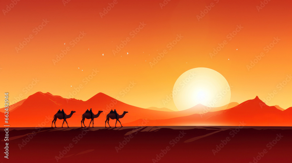 Camel caravan goes through the desert at sunset silhouettes flat illustration