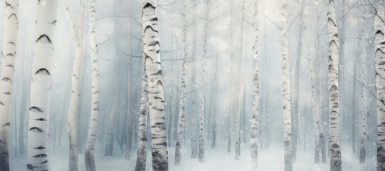 White landscape panorama of winter forest with tall birch trees in soft mist and falling snowflakes