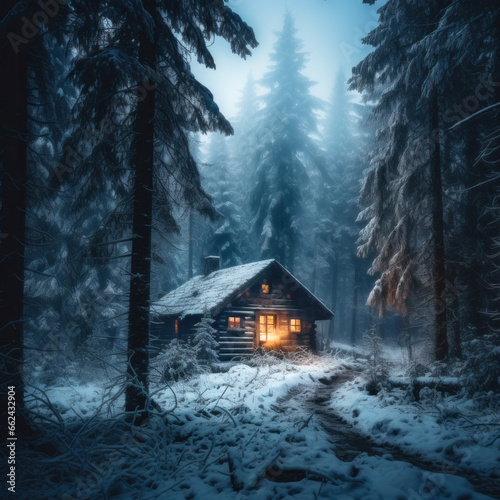 Cozy wooden cabin with illuminated windows amidst a snowy pine forest in misty winter evening