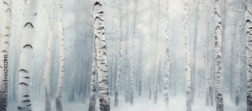 White landscape panorama of winter forest with tall birch trees in soft mist and falling snowflakes © ChaoticDesignStudio