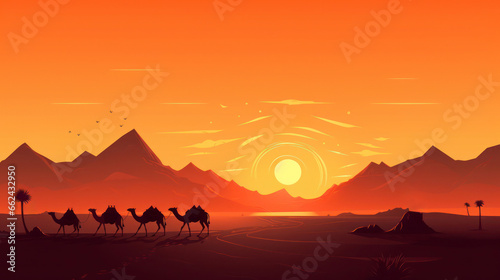 Camel caravan goes through the desert at sunset silhouettes flat illustration