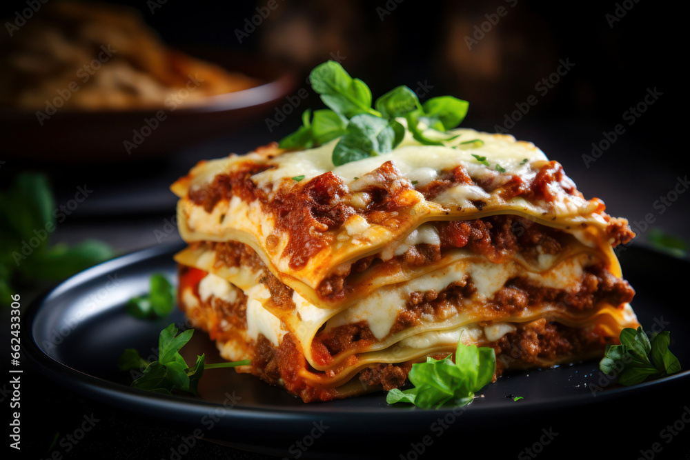 Appetizing lasagna freshly prepared beautifully served on a dark background Appetizing lasagna freshly prepared beautifully served on a dark background