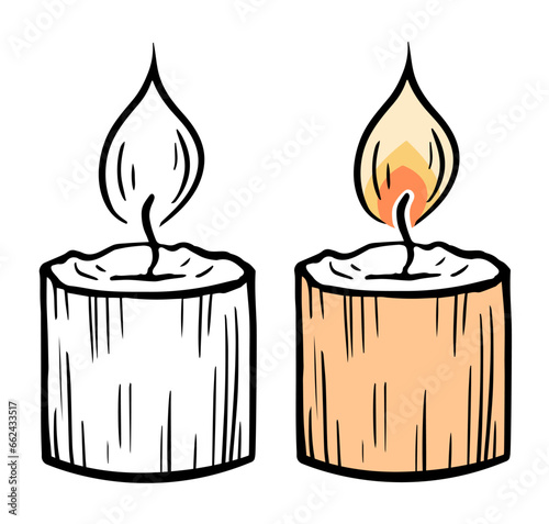 Burning paraffin candle. A spark of flame. Aromatic accessory for home, spa salon. Black and color vector illustration. Sketch hand drawn line