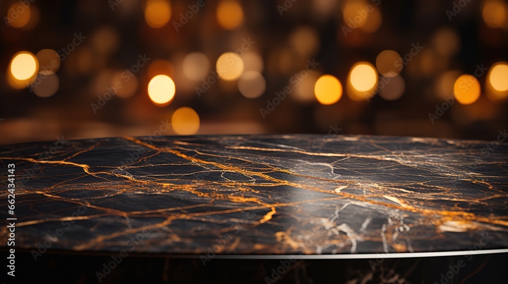 Close-Up of a Black and Gold Marble Table with Bokeh Light Blurry Background, An Elegant and Opulent Addition to Premium Interior Design, Product Placement Concept
