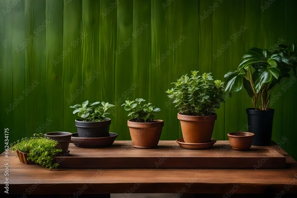 Brown wooden table with potted plants and green wall background. High quality photo  