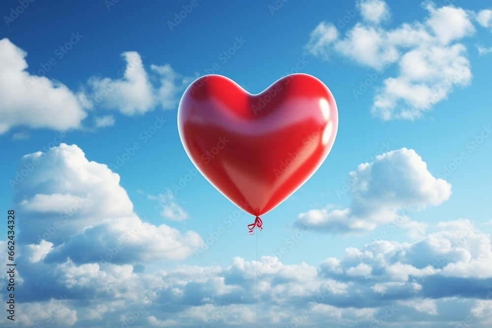 Love is in the Air, Heart-shaped balloon flying high against a sky of fluffy clouds and radiant sunbeam