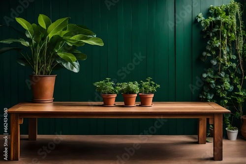 Brown wooden table with potted plants and green wall background. High quality photo 