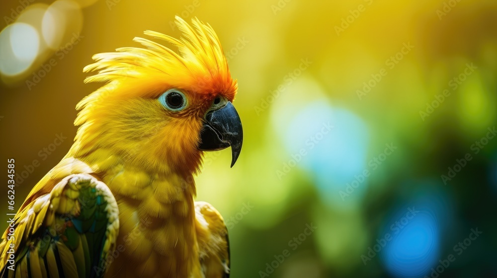 Close-up portrait of an exotic yellow parrot bird (fictious species) in the tropical jungle Close-up portrait of an exotic yellow parrot bird (fictious species) in the tropical jungle