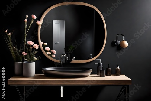 Close up chic bathroom with oval sink, empty countertop, wooden vanity, black-framed mirror, flower and black walls. Ideal for showcasing your products in a stylish and modern setting