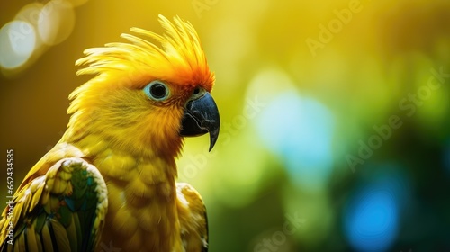 Close-up portrait of an exotic yellow parrot bird (fictious species) in the tropical jungle