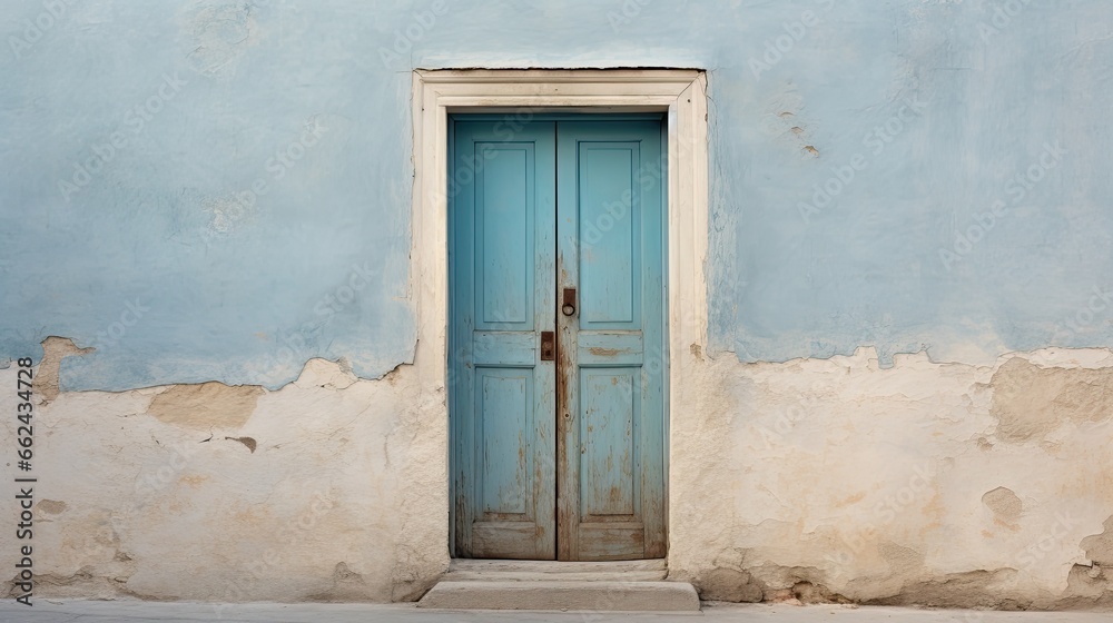 The dilapidated wall of the building and the wooden door require major repairs. Facade of a house with damaged plaster. Photophone for retro shooting. Illustration for cover, card, interior design.