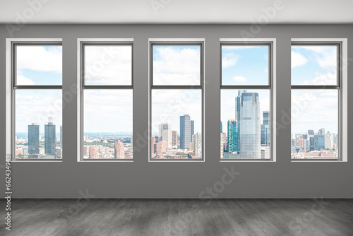 Downtown New Jersey City Skyline Buildings from High Rise Window. Beautiful Expensive Real Estate. Empty room Interior Skyscrapers View Cityscape. Day. 3d rendering.