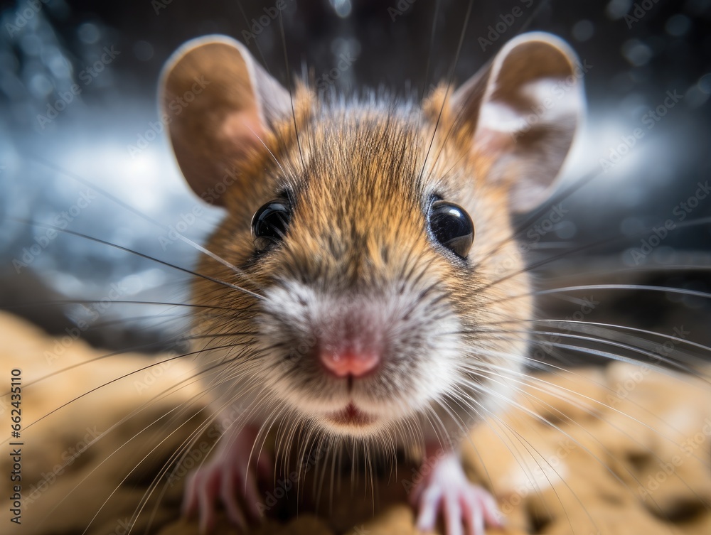 Close up portrait of a rat. Detailed image of the muzzle. A wild animal is looking at something. Illustration with distorted fisheye effect. Design for banner, flyer, poster, cover or brochure. Close up portrait of a rat. Detailed image of the muzzle. A wild animal is looking at something. Illustration with distorted fisheye effect. Design for banner, flyer, poster, cover or brochure.