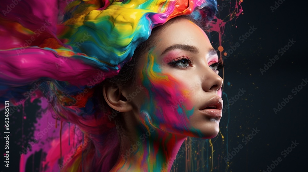 Cute girl has many different colors face makeup oil painting wallpaper image AI generated art Cute girl has many different colors face makeup oil painting wallpaper image AI generated art
