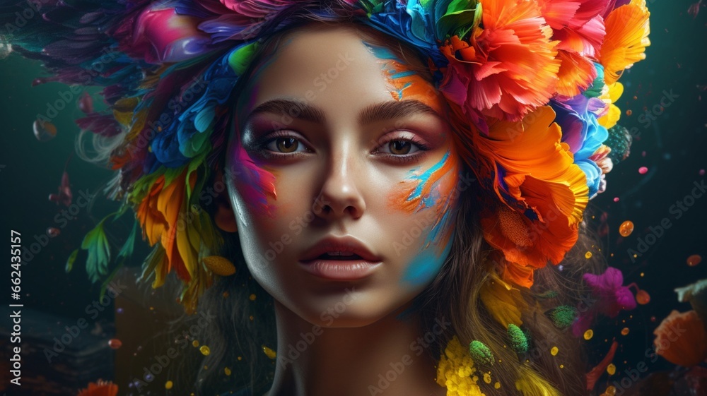 Cute girl has many different colors face makeup photography oil painting image AI generated art