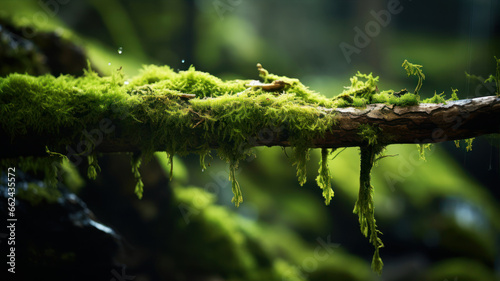 green moss on a tree branch in the rainforest. nature background